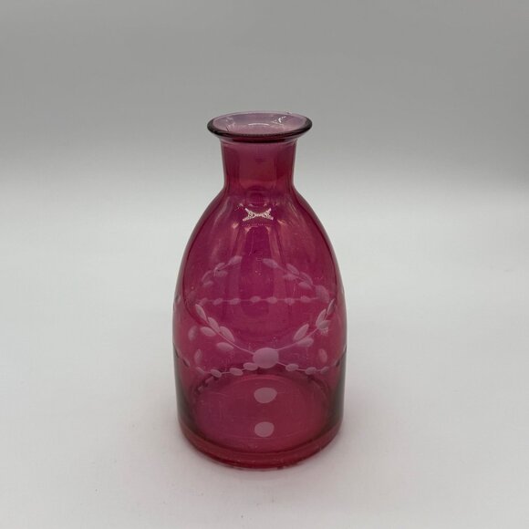 Vintage Czech Etched Cranberry Glass Cut-To-Clear Vase/Decanter - Picture 3 of 8